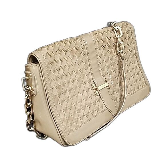 Cole Haan Patent Leather Nude Woven Heritage weave messenger flap Shoulder Bag - Picture 1 of 15
